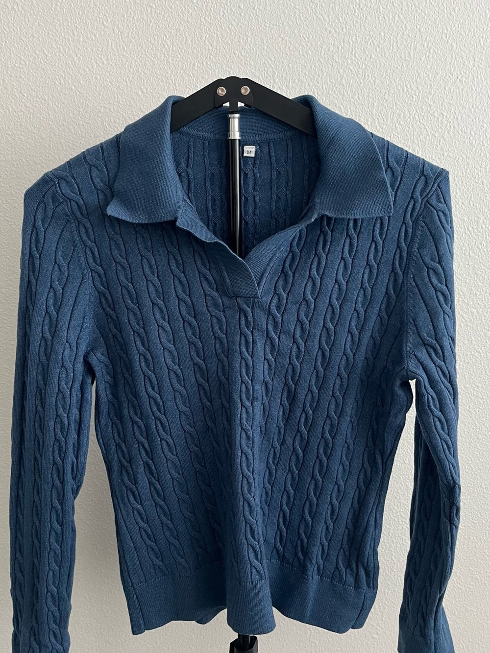 Blue Cable-Knit Collared Sweater